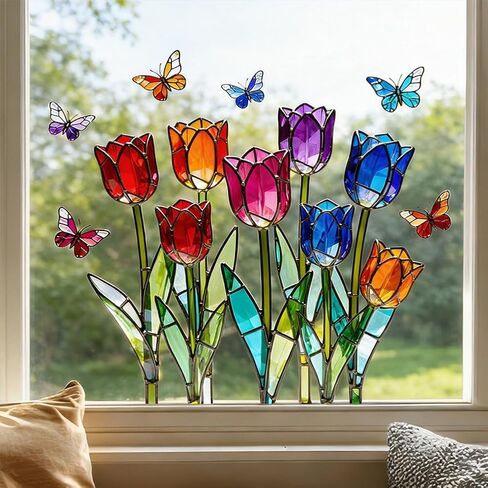 1PC Stained Glass Window Cling, Tulip Pattern Decorative Window Sticker for Bedroom Home Window Decoration in Kuwait