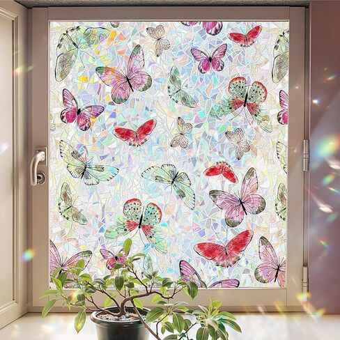 ADD.HERES Window Privacy Film, Stained Glass Decorative Static Cling, Removable Laser Sun Blocking Vinyl Covering, Window Film for Home Kitchen Living Room, Laser Butterfly, 17.5" x 78.7" in Saudi Arabia