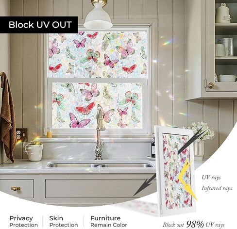ADD.HERES Window Privacy Film, Stained Glass Decorative Static Cling, Removable Laser Sun Blocking Vinyl Covering, Window Film for Home Kitchen Living Room, Laser Butterfly, 17.5" x 78.7" in Saudi Arabia