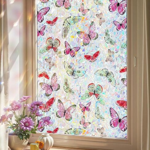 ADD.HERES Window Privacy Film, Stained Glass Decorative Static Cling, Removable Laser Sun Blocking Vinyl Covering, Window Film for Home Kitchen Living Room, Laser Butterfly, 17.5" x 78.7" in Saudi Arabia
