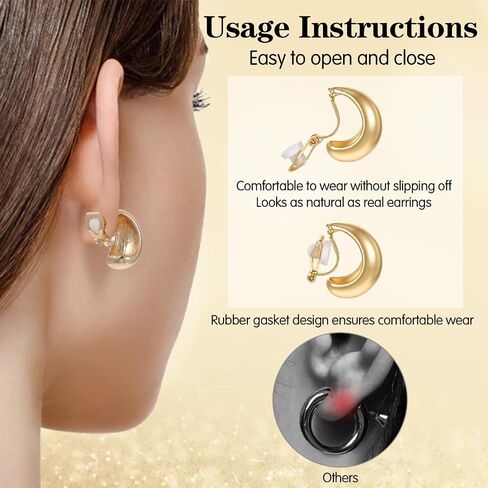 16K Gold Plated Clip On Earrings for Women - Chunky Waterdrop Clip Earrings - Non Pierced Clips On Gold Hoop Earring Fake Jewelry Set in Saudi Arabia