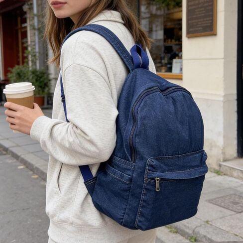 1PCS Retro Washed Denim Backpack Women's Leisure Travel Outing Shoulder Bag Multi-pocket Fashion Zipper Schoolbags,40 * 36cm (Dark blue) in Kuwait