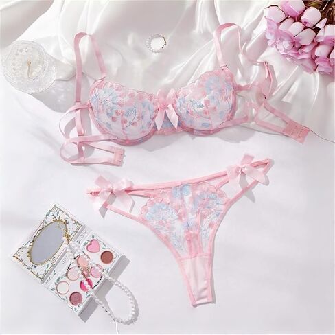 Sexy Garter Lingerie Sets for Women,Sexy Bra and Panty Set,Floral Embroidered Underwire Lingerie 2 Piece-Pink in Kuwait