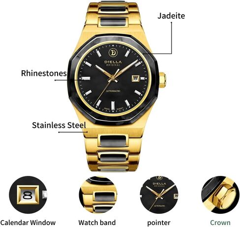 Diella Automatic Watches for Men Mens Watches Waterproof Date Luminous, Dial is Inlaid with Emerald Jade, Business Dress Watch with Diamond Hour Markers, Automatic Watches for Men Luxurious Gift in Kuwait