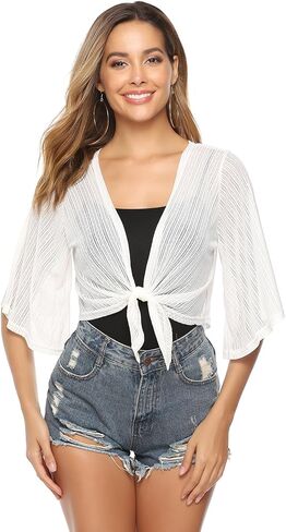 iClosam Women Tie Front Chiffon Shrug Short Sleeve Cropped Sheer Bolero Shrug Cardigan Large 2-White in Kuwait