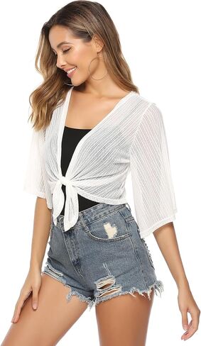 iClosam Women Tie Front Chiffon Shrug Short Sleeve Cropped Sheer Bolero Shrug Cardigan Large 2-White in Kuwait