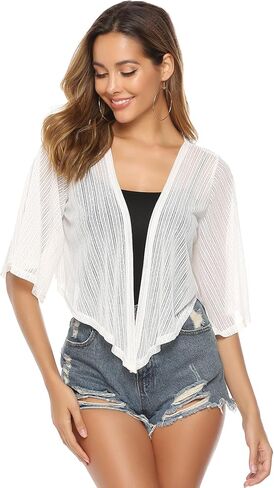 iClosam Women Tie Front Chiffon Shrug Short Sleeve Cropped Sheer Bolero Shrug Cardigan Large 2-White in Kuwait