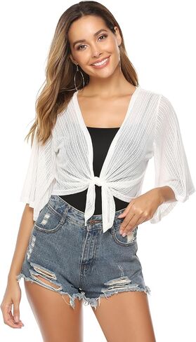 iClosam Women Tie Front Chiffon Shrug Short Sleeve Cropped Sheer Bolero Shrug Cardigan Large 2-White in Kuwait
