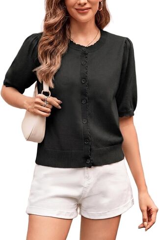 Yekaty Womens 2026 Summer Short Sleeve Cardigan Puff Sleeve Button Sweater Cropped Lightweight Shrug for Dress in Saudi Arabia
