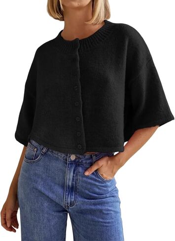 BeautyNee Women Summer Cardigan Short Cardigans Lightweight Knit Cropped Cardigan Button Crew Neck Solid Knitwear in Saudi Arabia