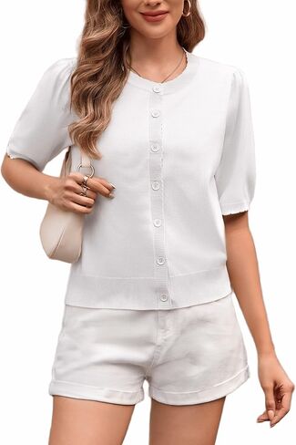 Yekaty Womens 2026 Summer Short Sleeve Cardigan Puff Sleeve Button Sweater Cropped Lightweight Shrug for Dress in Saudi Arabia