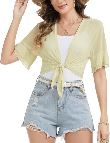 Women Summer Sheer Bolero Shrug Tie Front Mesh Cropped Cardigan Lightweight Short Sleeve Shrugs for Dresses in Kuwait