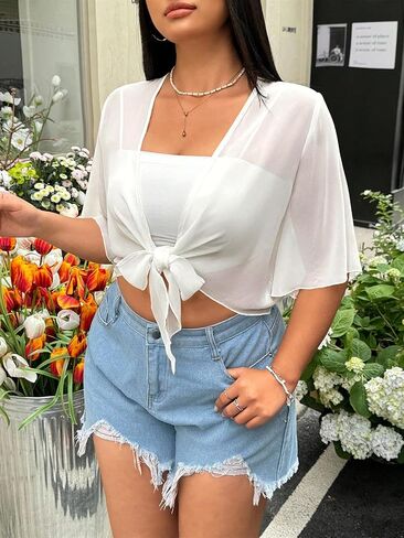 Women's Plus Size Shrug Tie Front Chiffon Cardigan Short Sleeve Cover Up Lightweight Sheer Bolero（Pick One Size Up） in Kuwait