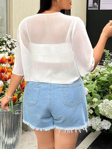 Women's Plus Size Shrug Tie Front Chiffon Cardigan Short Sleeve Cover Up Lightweight Sheer Bolero（Pick One Size Up） in Kuwait