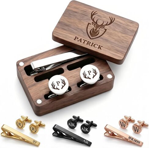 Custom Monogram Cufflinks for Men – Personalized Cuff Links & Tie Clip Set with Engraved Wood Box – Wedding Gifts for Groom, Dad, Groomsmen, Father of the Bride in Kuwait