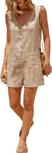 Yeokou Women Cotton Linen Romper Sleeveless V Neck Button Down Wide Leg Short Overalls Casual One Piece with Pockets(LightKhaki-M) in Kuwait