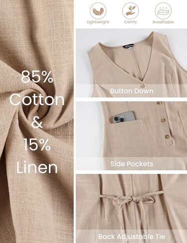 Yeokou Women Cotton Linen Romper Sleeveless V Neck Button Down Wide Leg Short Overalls Casual One Piece with Pockets(LightKhaki-M) in Kuwait