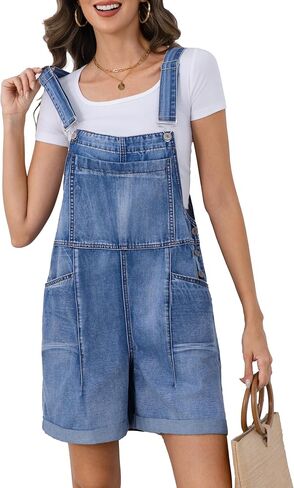 Women's Casual Denim Overalls Shorts Loose Fit Adjustable Straps Summer Bib Shortalls Jeans Cuffed Hem Romper in Saudi Arabia