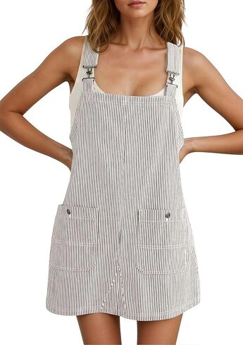 YUENIU Womens Striped Denim Overalls Dress Short Rompers Summer Jeans Adjustable Straps Pockets Effortless Casual Chic in Saudi Arabia