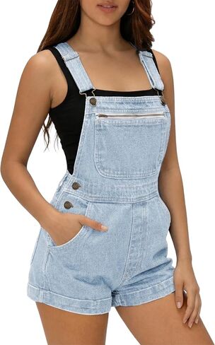 POLITI Denim Overall Shorts for Women, Adjustable Straps Bib Stretchy Jean Shortalls with Zipper Pockets Summer Casual in Kuwait