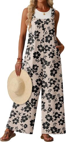 Lepunuo Jumpsuits for Women Summer Casual Boho Wide Leg Overalls Adjustable Floral Sleeveless Rompers with Pockets in Saudi Arabia