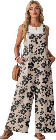 Lepunuo Jumpsuits for Women Summer Casual Boho Wide Leg Overalls Adjustable Floral Sleeveless Rompers with Pockets in Saudi Arabia
