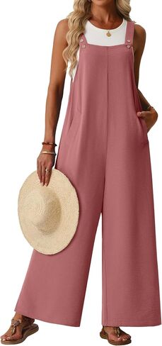 Lepunuo Jumpsuits for Women Summer Casual Boho Wide Leg Overalls Adjustable Floral Sleeveless Rompers with Pockets in Saudi Arabia
