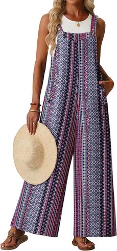 Lepunuo Jumpsuits for Women Summer Casual Boho Wide Leg Overalls Adjustable Floral Sleeveless Rompers with Pockets in Saudi Arabia