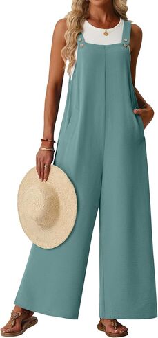 Lepunuo Jumpsuits for Women Summer Casual Boho Wide Leg Overalls Adjustable Floral Sleeveless Rompers with Pockets in Saudi Arabia