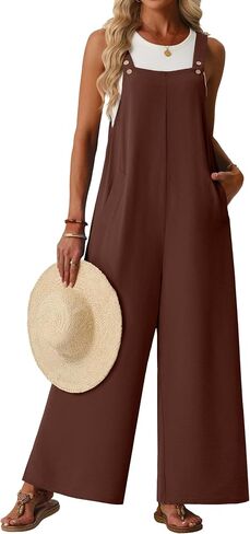 Lepunuo Jumpsuits for Women Summer Casual Boho Wide Leg Overalls Adjustable Floral Sleeveless Rompers with Pockets in Saudi Arabia