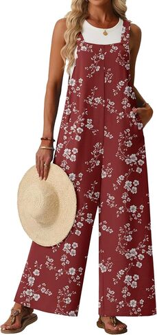 Lepunuo Jumpsuits for Women Summer Casual Boho Wide Leg Overalls Adjustable Floral Sleeveless Rompers with Pockets in Saudi Arabia