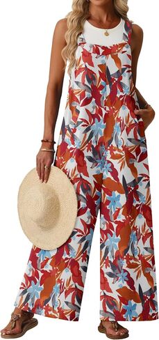 Lepunuo Jumpsuits for Women Summer Casual Boho Wide Leg Overalls Adjustable Floral Sleeveless Rompers with Pockets in Saudi Arabia