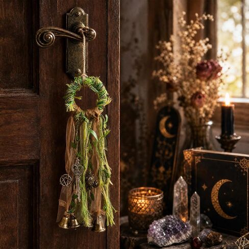 RENEMEGO Witch Bells for Door - Witchcraft Supplies Handmade Brown Green Hanging Wind Chimes for Protection Wiccan Stuff Boho Home Decor for House Wall Bedroom Garden Witchy Gift in Kuwait