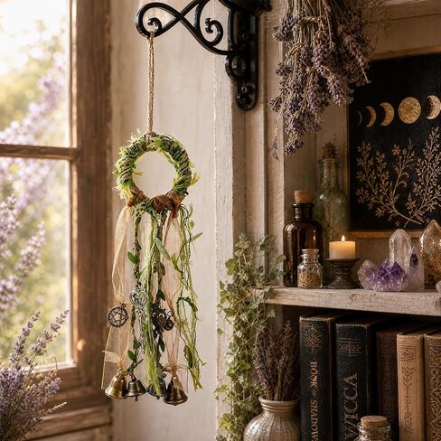 RENEMEGO Witch Bells for Door - Witchcraft Supplies Handmade Brown Green Hanging Wind Chimes for Protection Wiccan Stuff Boho Home Decor for House Wall Bedroom Garden Witchy Gift in Kuwait