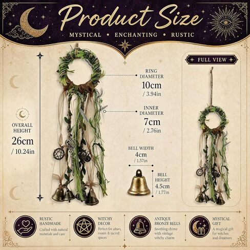 RENEMEGO Witch Bells for Door - Witchcraft Supplies Handmade Brown Green Hanging Wind Chimes for Protection Wiccan Stuff Boho Home Decor for House Wall Bedroom Garden Witchy Gift in Kuwait