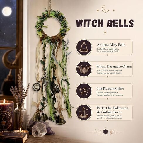 RENEMEGO Witch Bells for Door - Witchcraft Supplies Handmade Brown Green Hanging Wind Chimes for Protection Wiccan Stuff Boho Home Decor for House Wall Bedroom Garden Witchy Gift in Kuwait