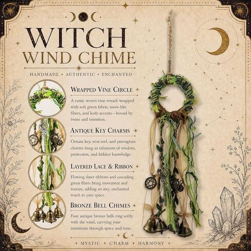 RENEMEGO Witch Bells for Door - Witchcraft Supplies Handmade Brown Green Hanging Wind Chimes for Protection Wiccan Stuff Boho Home Decor for House Wall Bedroom Garden Witchy Gift in Kuwait