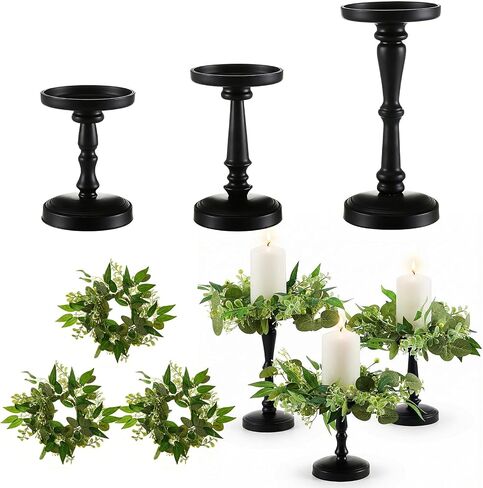 Suncalla Black Pillar Candle Holders Set of 3 with Faux Eucalyptus Candle Rings Wreaths, 3‑piece Table Centerpiece for Wedding, Fireplace Mantel, Dining Table, Farmhouse & Rustic Home Decor in Kuwait