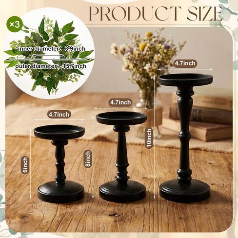 Suncalla Black Pillar Candle Holders Set of 3 with Faux Eucalyptus Candle Rings Wreaths, 3‑piece Table Centerpiece for Wedding, Fireplace Mantel, Dining Table, Farmhouse & Rustic Home Decor in Kuwait