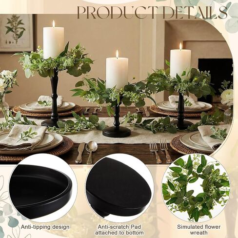 Suncalla Black Pillar Candle Holders Set of 3 with Faux Eucalyptus Candle Rings Wreaths, 3‑piece Table Centerpiece for Wedding, Fireplace Mantel, Dining Table, Farmhouse & Rustic Home Decor in Kuwait