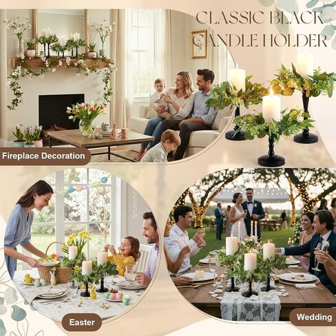 Suncalla Black Pillar Candle Holders Set of 3 with Faux Eucalyptus Candle Rings Wreaths, 3‑piece Table Centerpiece for Wedding, Fireplace Mantel, Dining Table, Farmhouse & Rustic Home Decor in Kuwait