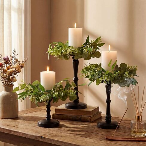 Suncalla Black Pillar Candle Holders Set of 3 with Faux Eucalyptus Candle Rings Wreaths, 3‑piece Table Centerpiece for Wedding, Fireplace Mantel, Dining Table, Farmhouse & Rustic Home Decor in Kuwait