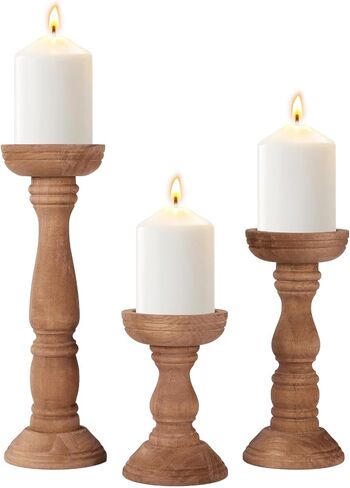 Set of 3 Farmhouse Wooden Candle Holders for Pillar Candles, Rustic Candle Stand Table Centerpiece Decor with Height Variety for Living Room, Fits 3-Inch Candles in Kuwait