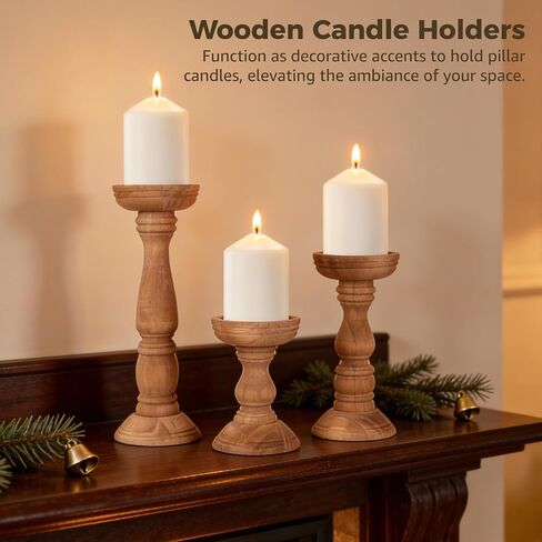 Set of 3 Farmhouse Wooden Candle Holders for Pillar Candles, Rustic Candle Stand Table Centerpiece Decor with Height Variety for Living Room, Fits 3-Inch Candles in Kuwait