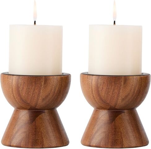 Acacia Wood Candle Holders for Pillar Candles, Set of 2 Vintage Rustic Tall Modern Farmhouse Decor, Decorative Wooden Candlestick Stand for Fireplace Mantel, Table Centerpiece in Saudi Arabia