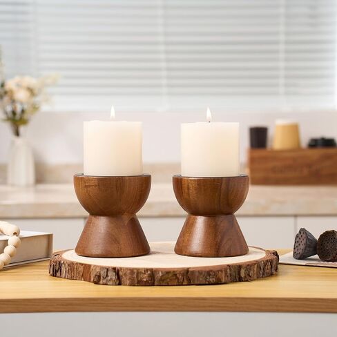 Acacia Wood Candle Holders for Pillar Candles, Set of 2 Vintage Rustic Tall Modern Farmhouse Decor, Decorative Wooden Candlestick Stand for Fireplace Mantel, Table Centerpiece in Saudi Arabia