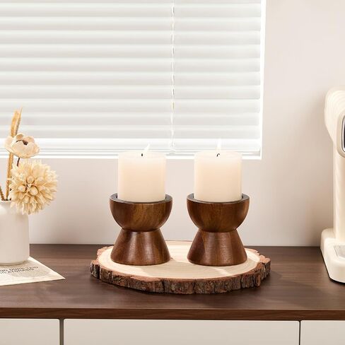 Acacia Wood Candle Holders for Pillar Candles, Set of 2 Vintage Rustic Tall Modern Farmhouse Decor, Decorative Wooden Candlestick Stand for Fireplace Mantel, Table Centerpiece in Saudi Arabia