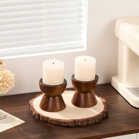 Acacia Wood Candle Holders for Pillar Candles, Set of 2 Vintage Rustic Tall Modern Farmhouse Decor, Decorative Wooden Candlestick Stand for Fireplace Mantel, Table Centerpiece in Saudi Arabia