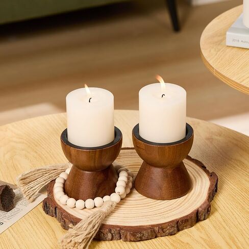 Acacia Wood Candle Holders for Pillar Candles, Set of 2 Vintage Rustic Tall Modern Farmhouse Decor, Decorative Wooden Candlestick Stand for Fireplace Mantel, Table Centerpiece in Saudi Arabia