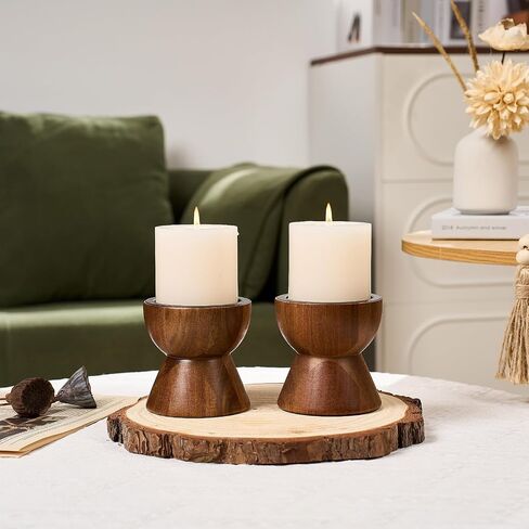 Acacia Wood Candle Holders for Pillar Candles, Set of 2 Vintage Rustic Tall Modern Farmhouse Decor, Decorative Wooden Candlestick Stand for Fireplace Mantel, Table Centerpiece in Saudi Arabia